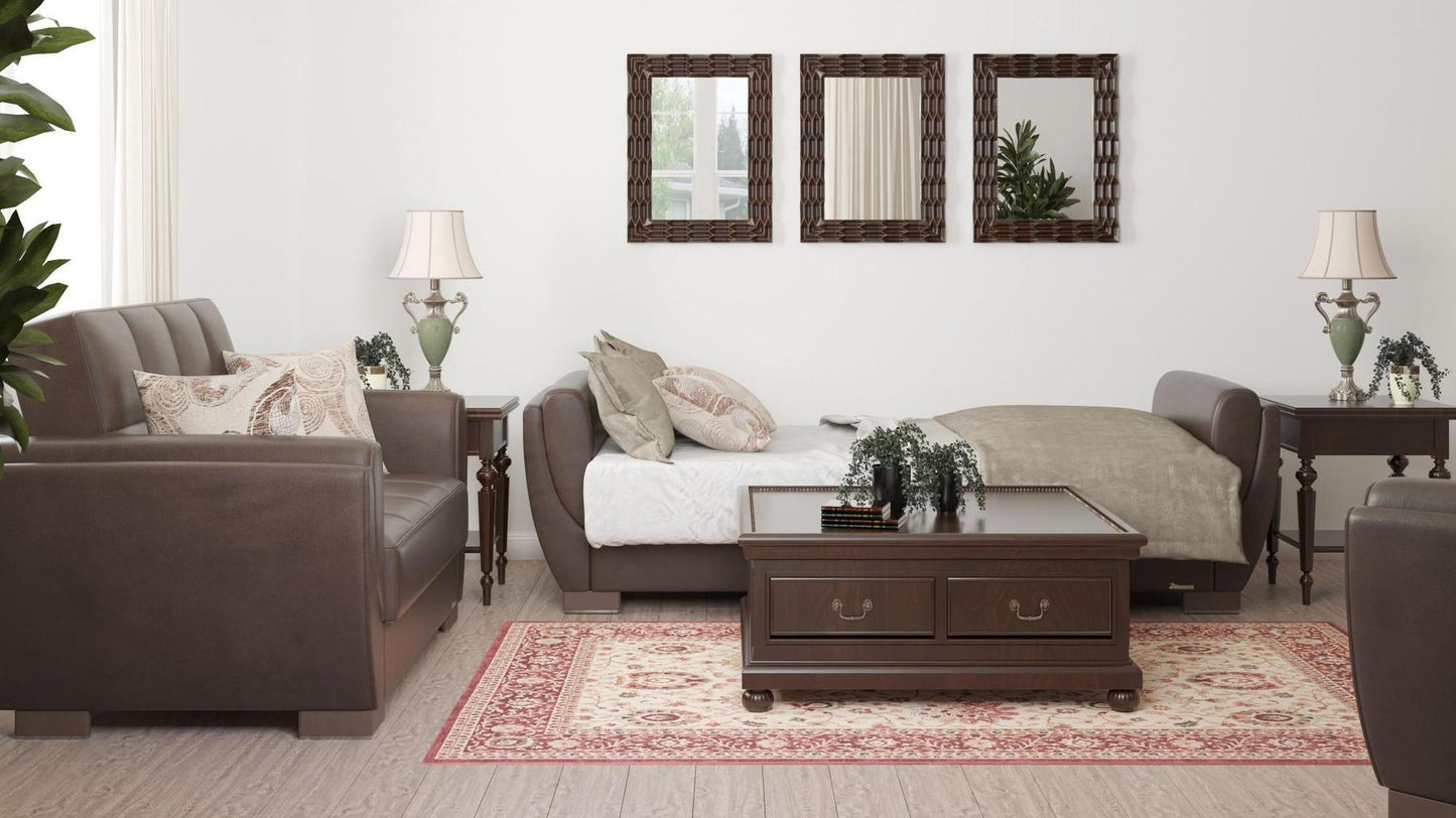 Modern design, Dark Brown , Artificial Leather upholstered convertible sleeper Sofabed with underseat storage from Voyage Shelter by Ottomanson in living room lifestyle setting converted to sleeper. This Sofabed measures 94 inches width by 36 inches depth by 41 inches height.