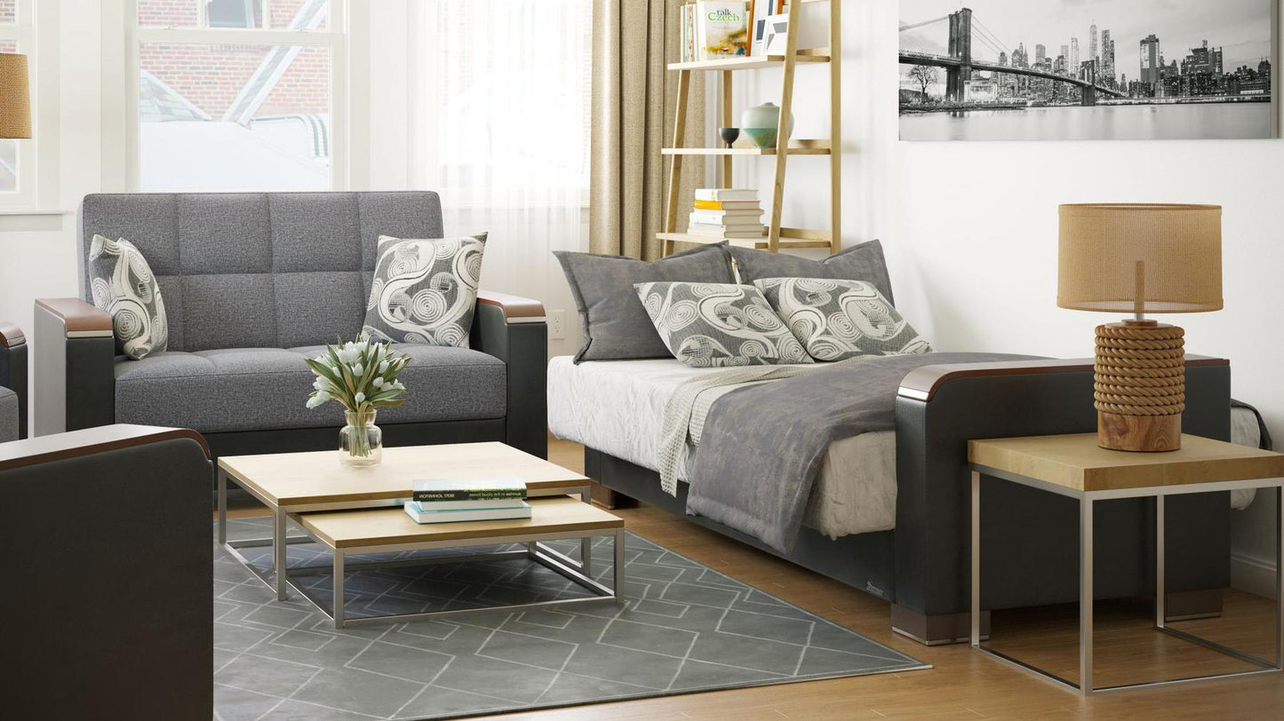 Modern design, Salt and Pepper Gray, Black , Chenille, Artificial Leather upholstered convertible sleeper Loveseat with underseat storage from Voyage Luxe by Ottomanson in living room lifestyle setting converted to sleeper. This Loveseat measures 67 inches width by 36 inches depth by 41 inches height.