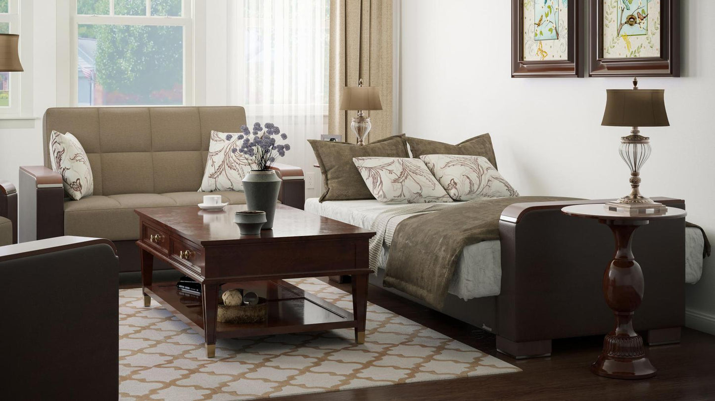 Modern design, Light Taupe, Dark Brown , Chenille, Artificial Leather upholstered convertible sleeper Loveseat with underseat storage from Voyage Luxe by Ottomanson in living room lifestyle setting converted to sleeper. This Loveseat measures 67 inches width by 36 inches depth by 41 inches height.