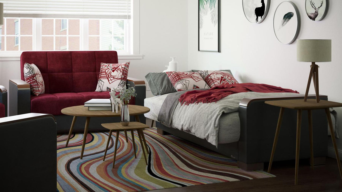 Modern design, Beaujolais, Black , Microfiber, Artificial Leather upholstered convertible sleeper Loveseat with underseat storage from Voyage Luxe by Ottomanson in living room lifestyle setting converted to sleeper. This Loveseat measures 67 inches width by 36 inches depth by 41 inches height.