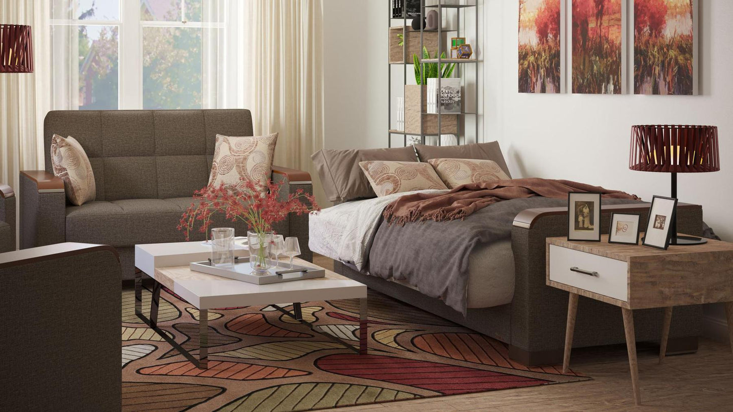 Modern design, Tannin Brown , Chenille upholstered convertible sleeper Loveseat with underseat storage from Voyage Luxe by Ottomanson in living room lifestyle setting converted to sleeper. This Loveseat measures 67 inches width by 36 inches depth by 41 inches height.