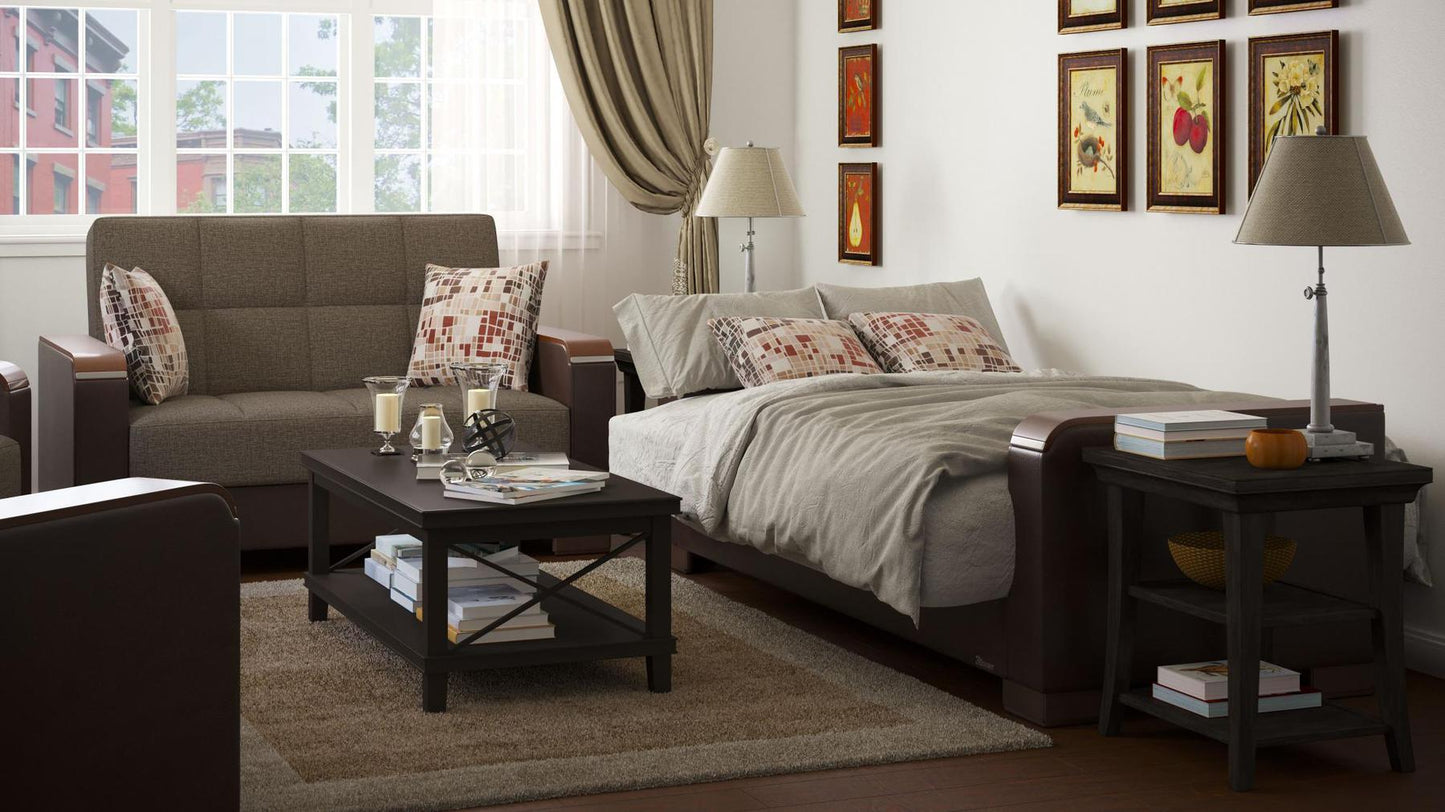 Modern design, Tannin Brown, Dark Brown , Chenille, Artificial Leather upholstered convertible sleeper Loveseat with underseat storage from Voyage Luxe by Ottomanson in living room lifestyle setting converted to sleeper. This Loveseat measures 67 inches width by 36 inches depth by 41 inches height.