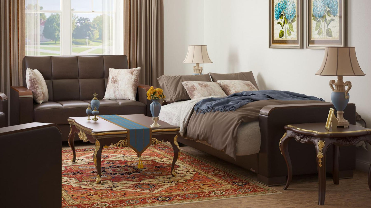 Modern design, Dark Brown , Artificial Leather upholstered convertible sleeper Loveseat with underseat storage from Voyage Luxe by Ottomanson in living room lifestyle setting converted to sleeper. This Loveseat measures 67 inches width by 36 inches depth by 41 inches height.