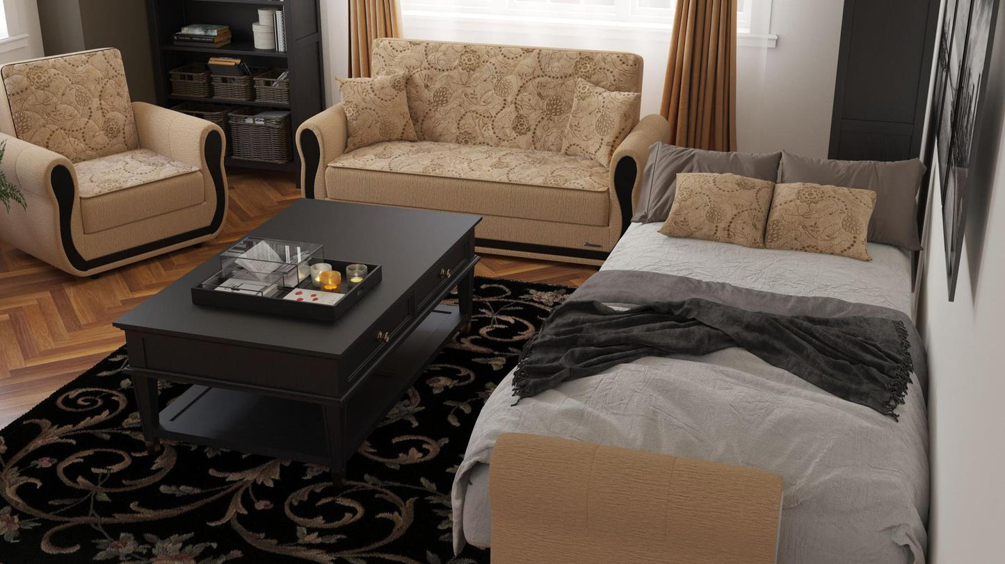 Modern design, Linen Color , Chenille upholstered convertible Armchair with underseat storage from Victoria Urban by Ottomanson in living room lifestyle setting converted to sleeper. This Armchair measures 39 inches width by 28 inches depth by 38 inches height.