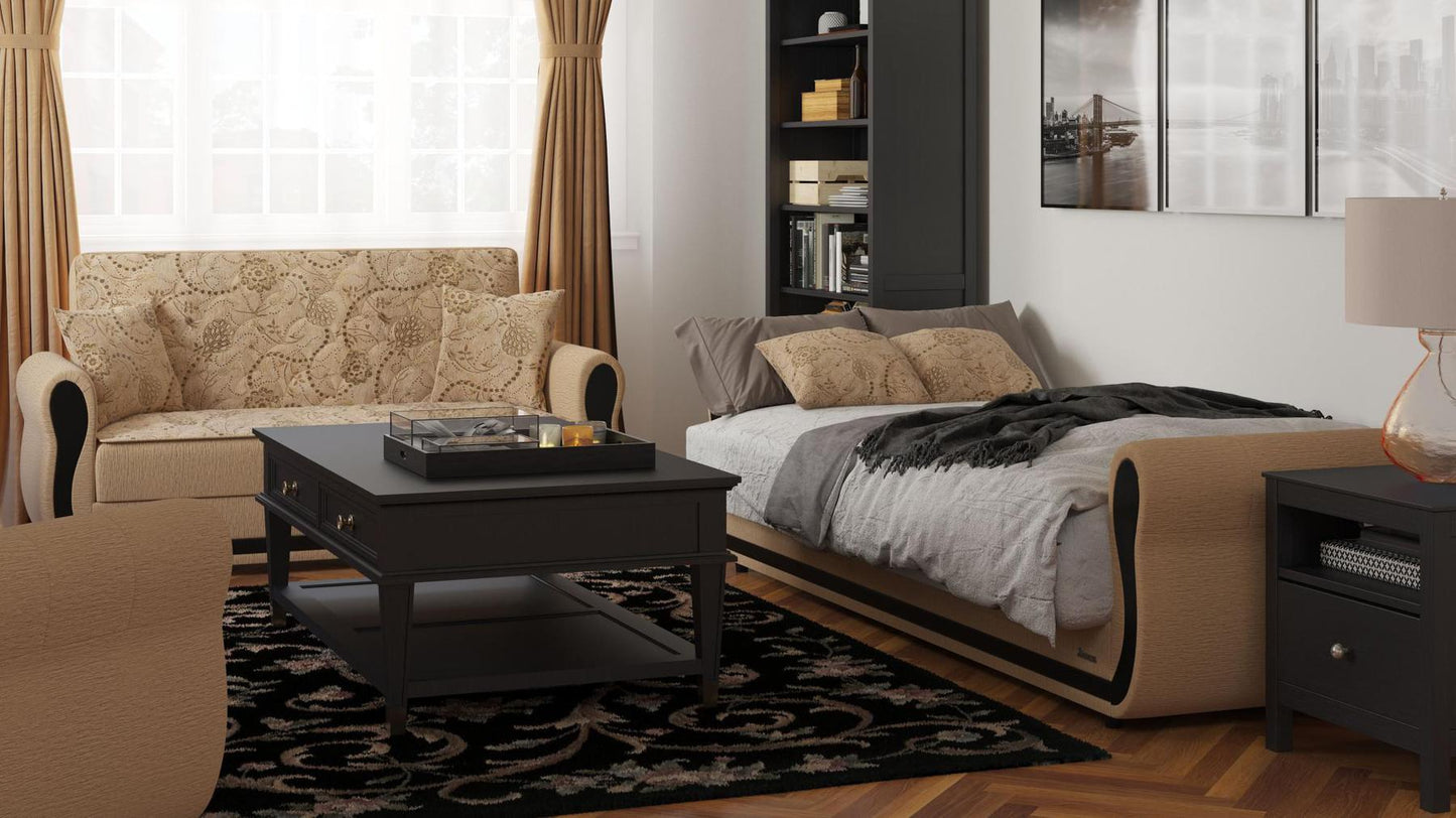 Modern design, Linen Color , Chenille upholstered convertible sleeper Loveseat with underseat storage from Victoria Urban by Ottomanson in living room lifestyle setting converted to sleeper. This Loveseat measures 70 inches width by 28 inches depth by 38 inches height.