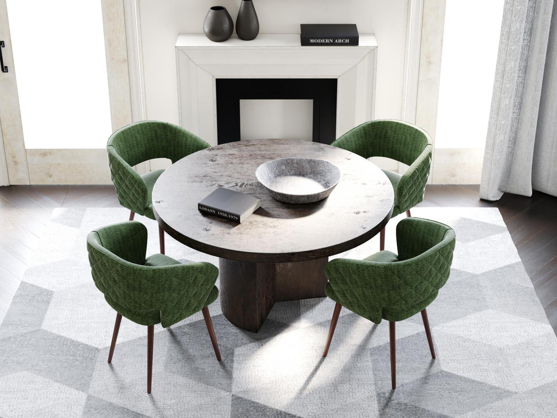 Napoli Barrel Back , Mid-Century Modern design, upholstered dining chair in Green with Brown Wood legs in a dining room with set of four chairs around a round table.