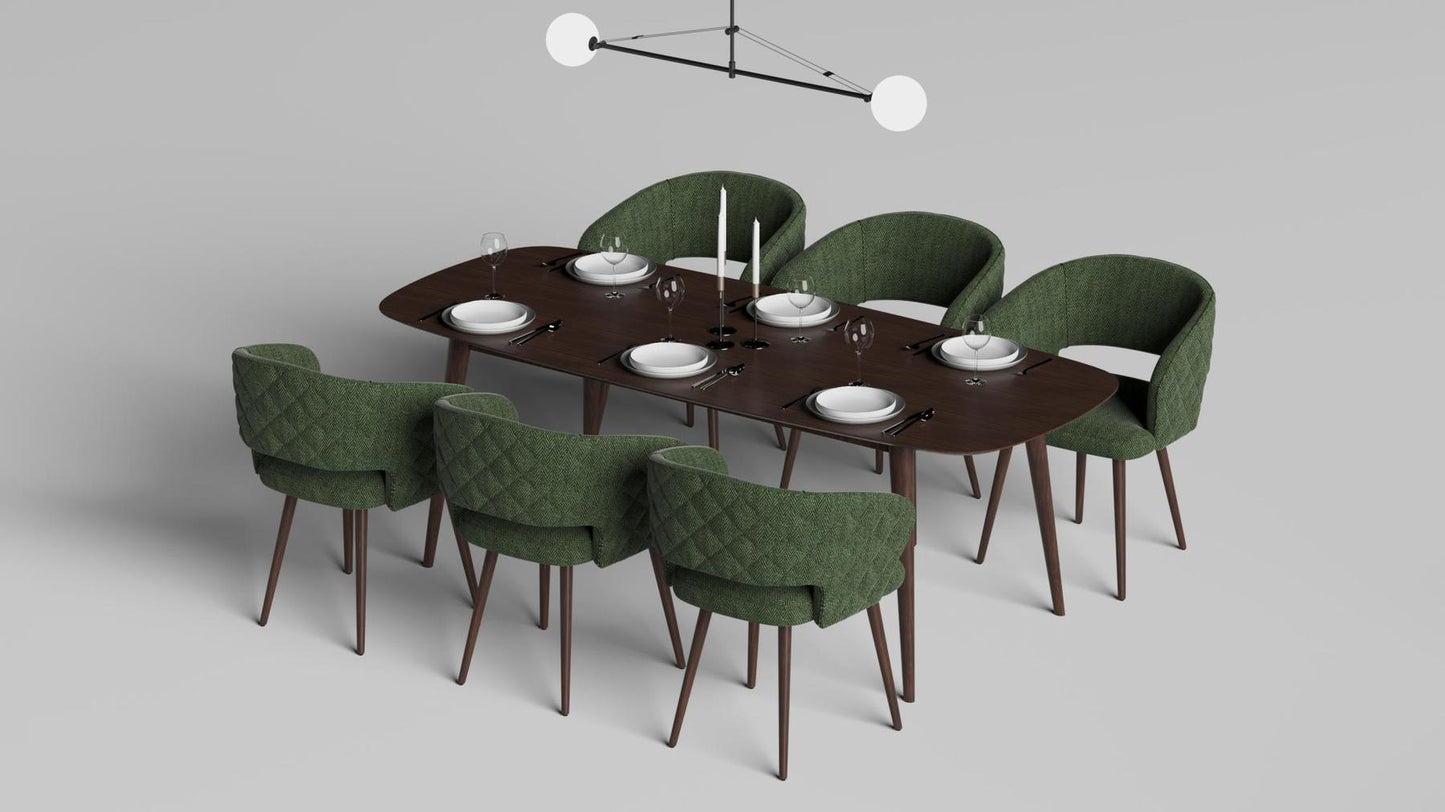 Napoli Barrel Back , Mid-Century Modern design, upholstered dining chair in Green with Brown Wood legs in a dining room for a large gathering setup.