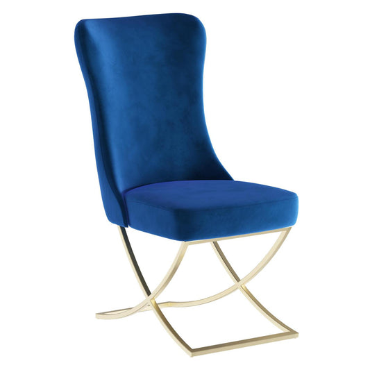 Sultan Collection Wing Back, Modern design, upholstered dining chair in Imperial Blue with Gold Metal legs in white background the front view.