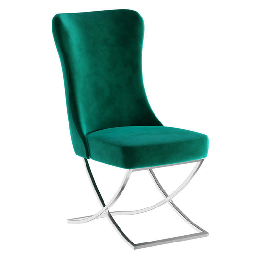 Sultan Collection Wing Back, Modern design, upholstered dining chair in Emerald Green with Silver Metal legs in white background the front view.