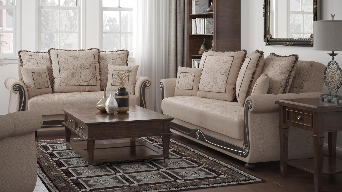 Lawson design, Linen Color , Chenille upholstered convertible sleeper Loveseat with underseat storage from Victoria by Ottomanson in living room lifestyle setting with another piece of furniture. This Loveseat measures 71 inches width by 40 inches depth by 40 inches height.