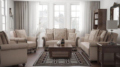Lawson design, Linen Color , Chenille upholstered convertible sleeper Loveseat with underseat storage from Victoria by Ottomanson in living room lifestyle setting with the matching furniture set. This Loveseat measures 71 inches width by 40 inches depth by 40 inches height.