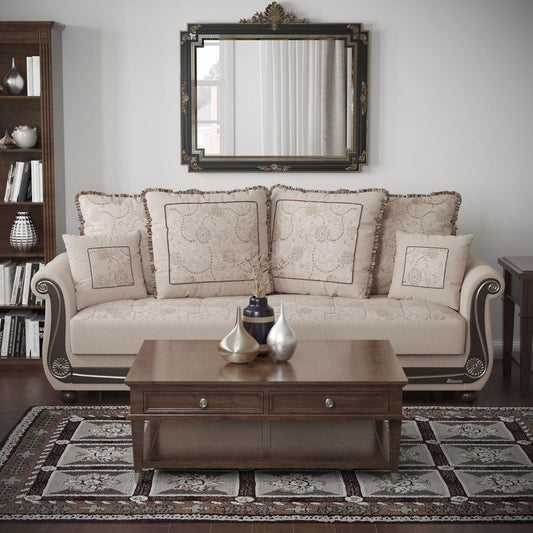 Lawson design, Linen Color , Chenille upholstered convertible sleeper Sofabed with underseat storage from Victoria by Ottomanson in living room lifestyle setting by itself. This Sofabed measures 95 inches width by 40 inches depth by 40 inches height.