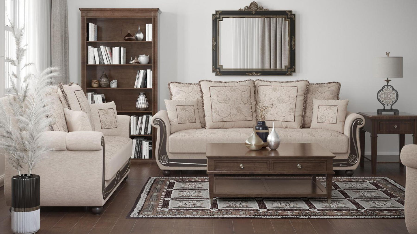 Lawson design, Linen Color , Chenille upholstered convertible sleeper Sofabed with underseat storage from Victoria by Ottomanson in living room lifestyle setting with another piece of furniture. This Sofabed measures 95 inches width by 40 inches depth by 40 inches height.