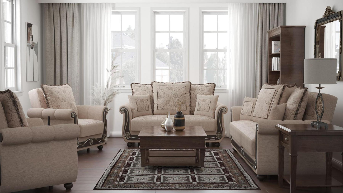 Lawson design, Linen Color , Chenille upholstered convertible sleeper Sofabed with underseat storage from Victoria by Ottomanson in living room lifestyle setting with the matching furniture set. This Sofabed measures 95 inches width by 40 inches depth by 40 inches height.