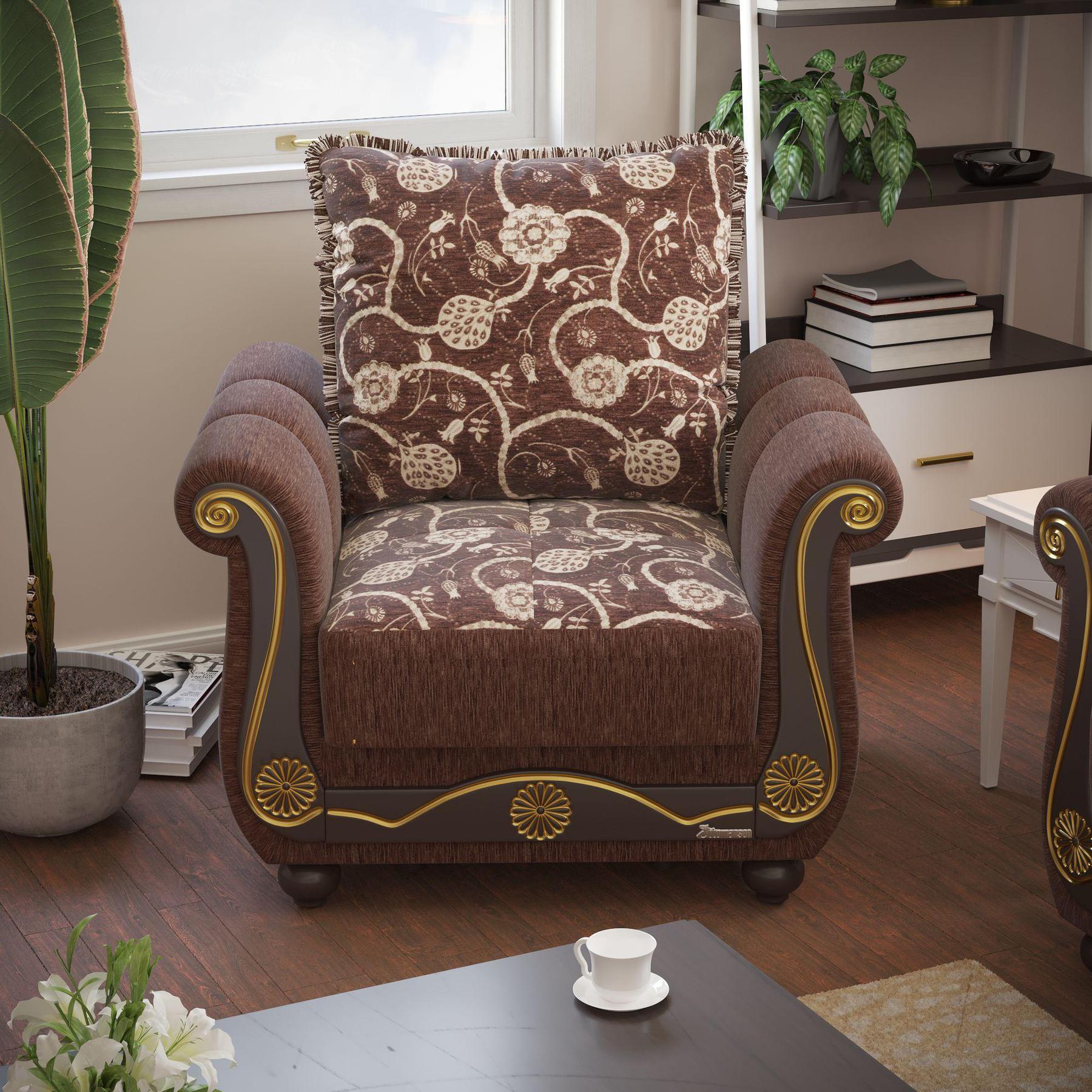 Lawson design, Royal Brown , Chenille upholstered convertible Armchair with underseat storage from Victoria by Ottomanson in living room lifestyle setting by itself. This Armchair measures 41 inches width by 40 inches depth by 40 inches height.
