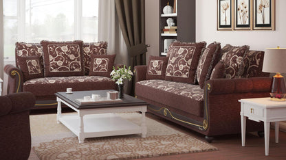 Lawson design, Royal Brown , Chenille upholstered convertible sleeper Loveseat with underseat storage from Victoria by Ottomanson in living room lifestyle setting with another piece of furniture. This Loveseat measures 71 inches width by 40 inches depth by 40 inches height.