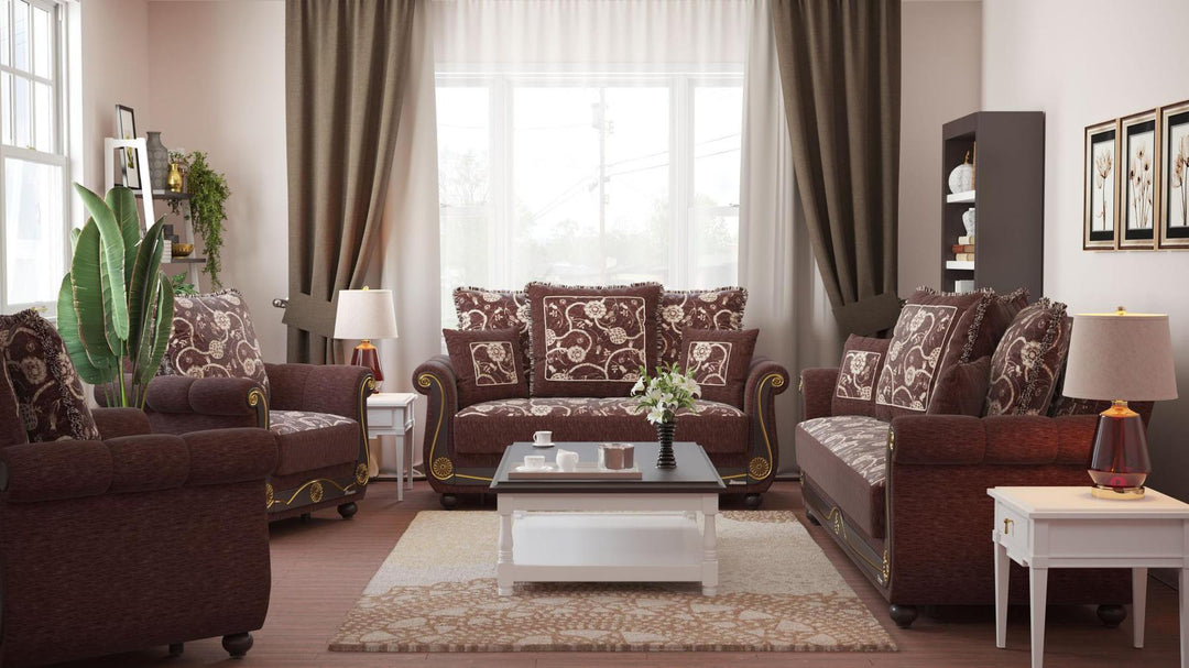 Lawson design, Royal Brown , Chenille upholstered convertible sleeper Loveseat with underseat storage from Victoria by Ottomanson in living room lifestyle setting with the matching furniture set. This Loveseat measures 71 inches width by 40 inches depth by 40 inches height.