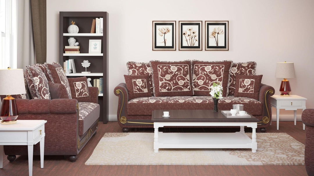 Lawson design, Royal Brown , Chenille upholstered convertible sleeper Sofabed with underseat storage from Victoria by Ottomanson in living room lifestyle setting with another piece of furniture. This Sofabed measures 95 inches width by 40 inches depth by 40 inches height.