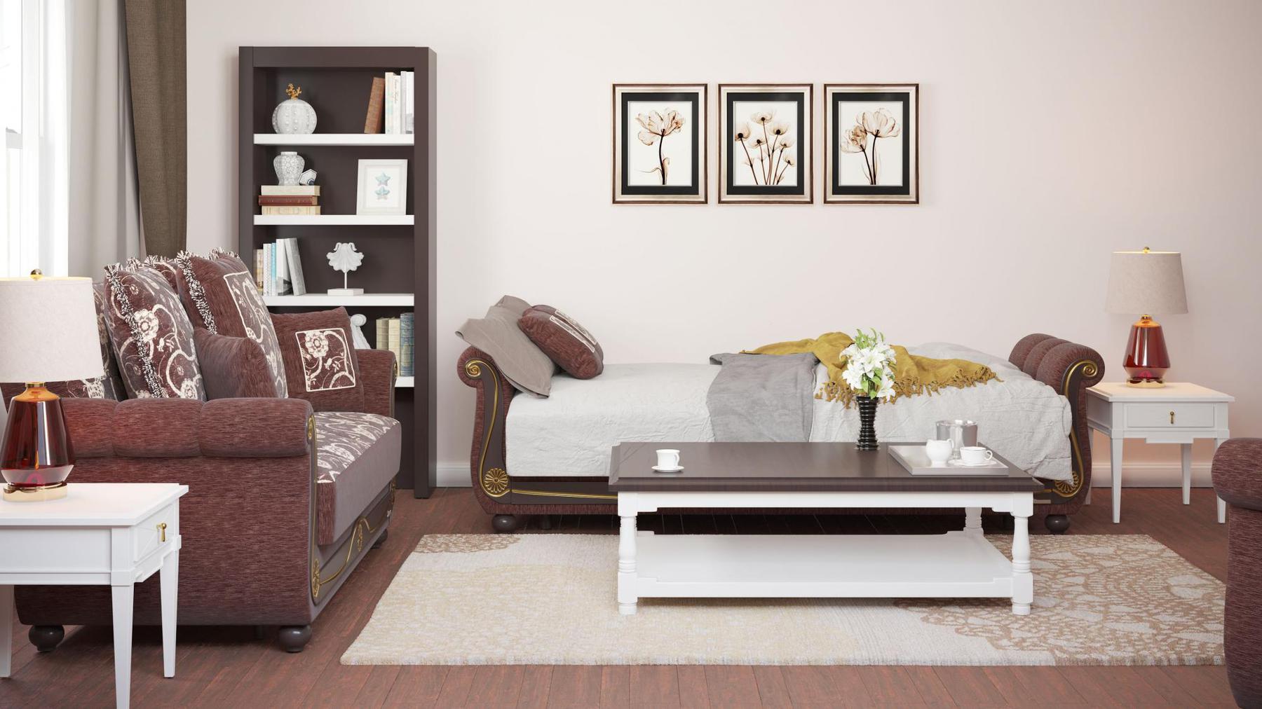 Lawson design, Royal Brown , Chenille  upholstered convertible sleeper Sofabed with underseat storage from Victoria by Ottomanson in living room lifestyle setting converted to sleeper. This Sofabed measures 95 inches width by 40 inches depth by 40 inches height.