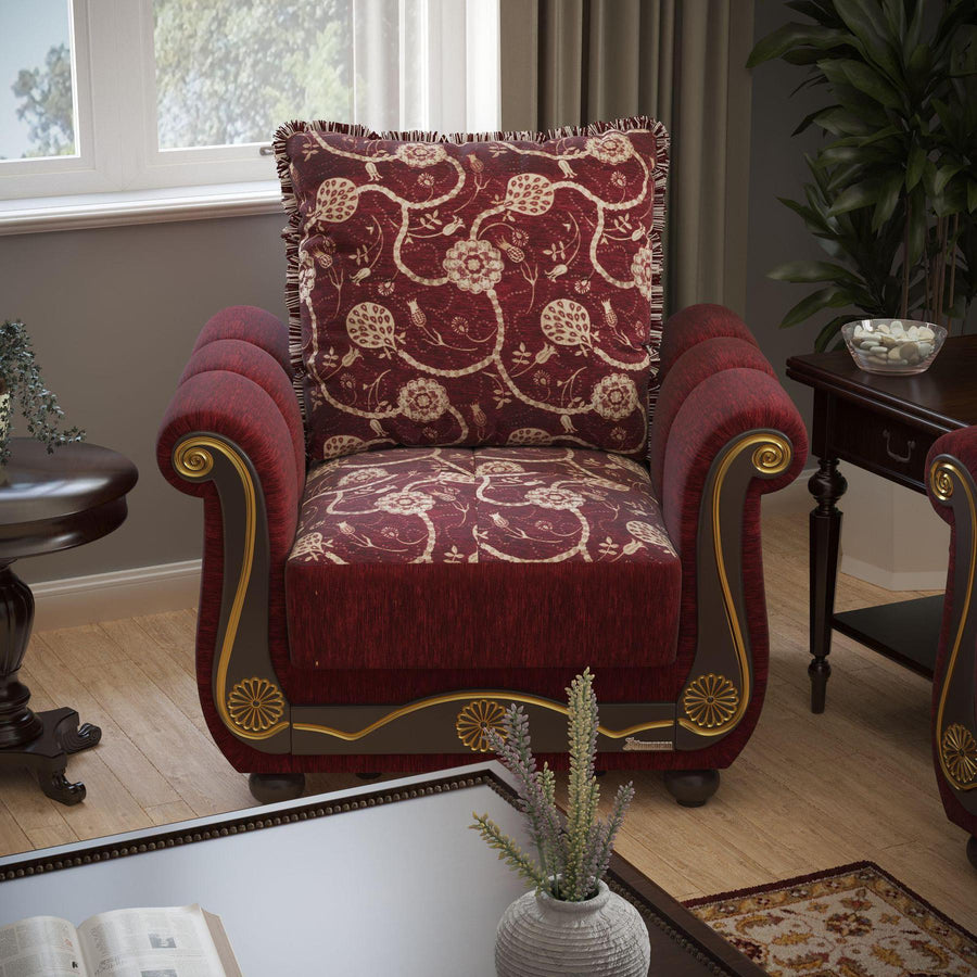 Lawson design, Burgundy , Chenille upholstered convertible Armchair with underseat storage from Victoria by Ottomanson in living room lifestyle setting by itself. This Armchair measures 41 inches width by 40 inches depth by 40 inches height.