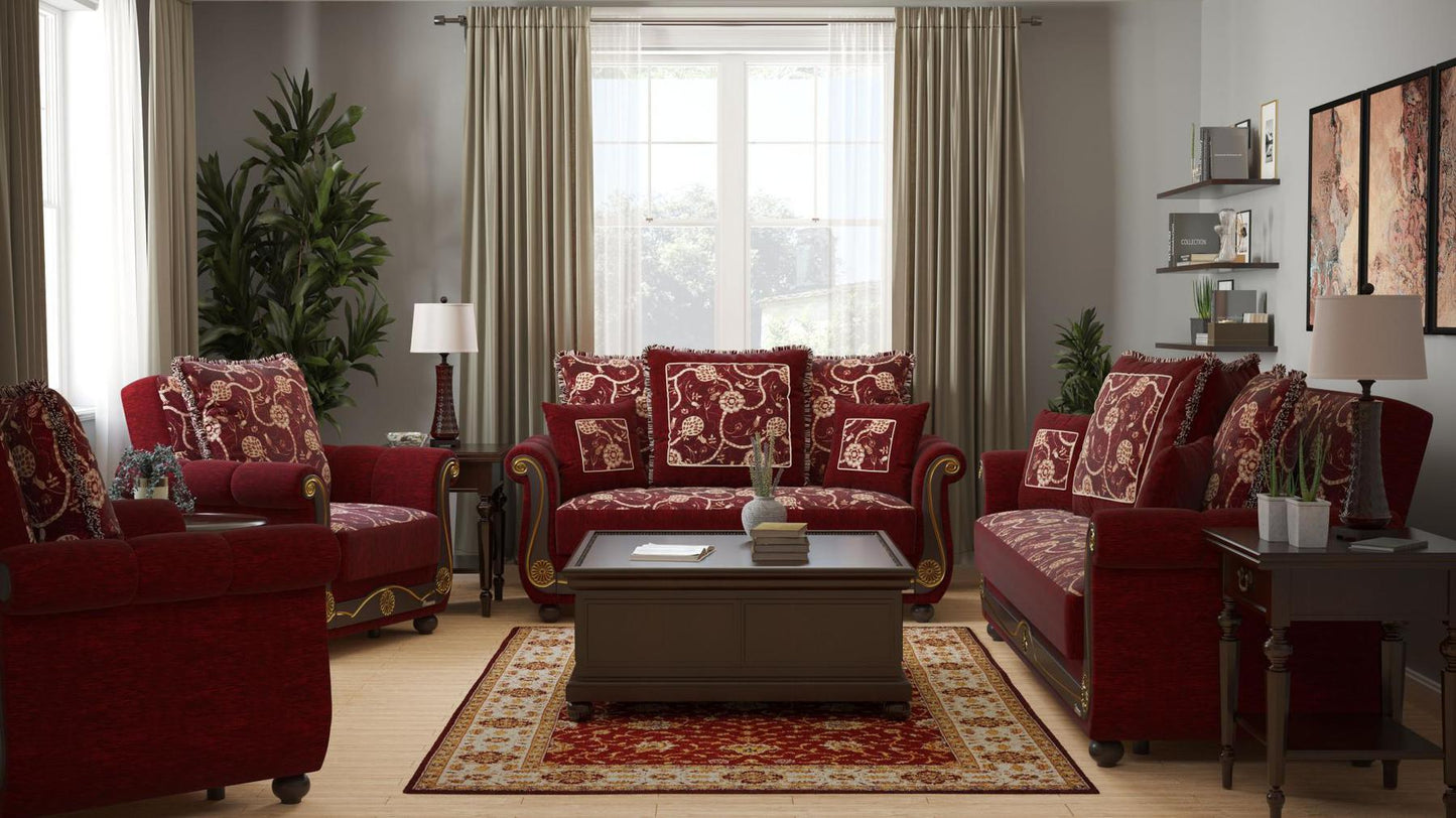 Lawson design, Burgundy , Chenille upholstered convertible Armchair with underseat storage from Victoria by Ottomanson in living room lifestyle setting with the matching furniture set. This Armchair measures 41 inches width by 40 inches depth by 40 inches height.