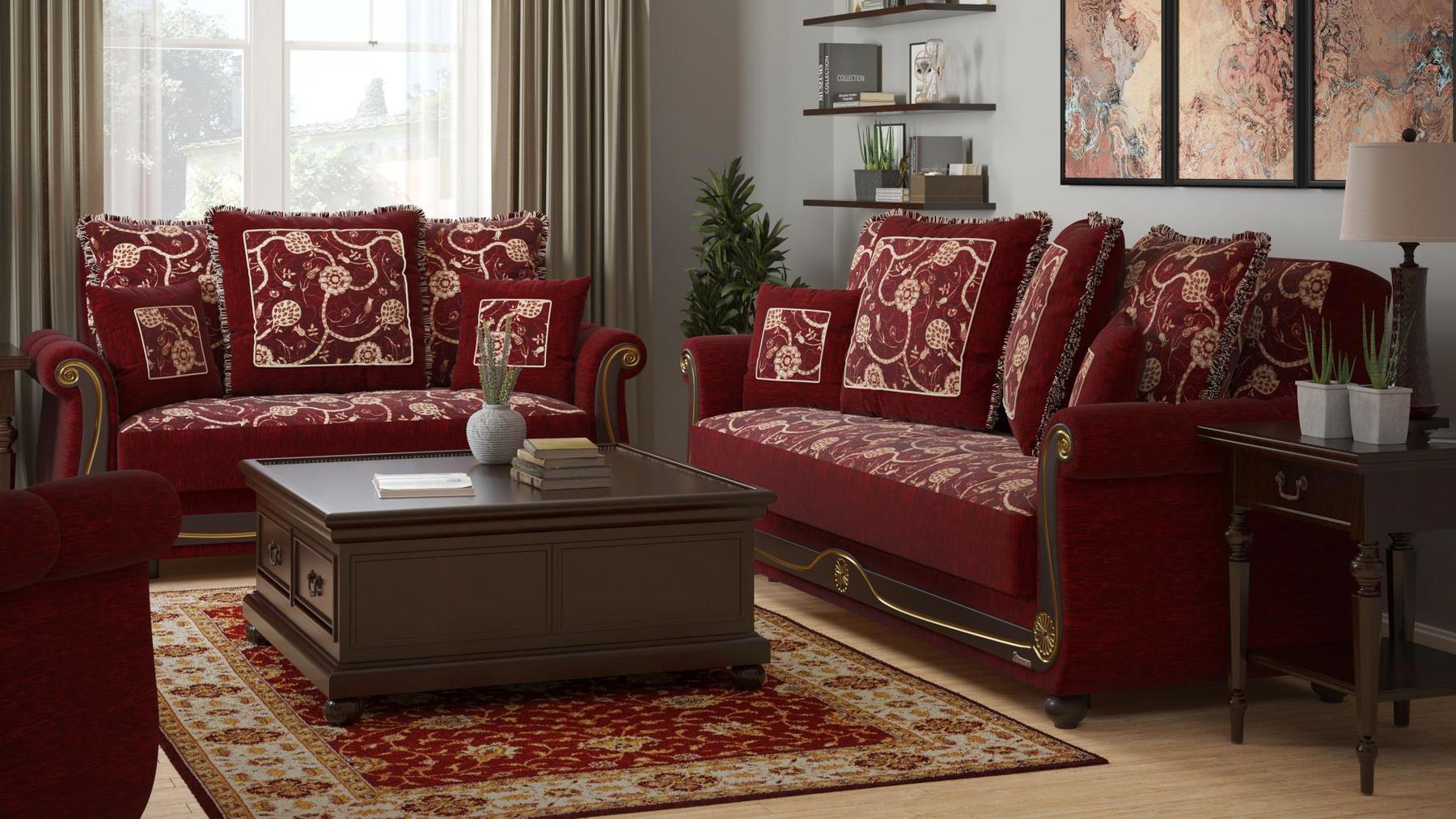 Lawson design, Burgundy , Chenille upholstered convertible sleeper Loveseat with underseat storage from Victoria by Ottomanson in living room lifestyle setting with another piece of furniture. This Loveseat measures 71 inches width by 40 inches depth by 40 inches height.