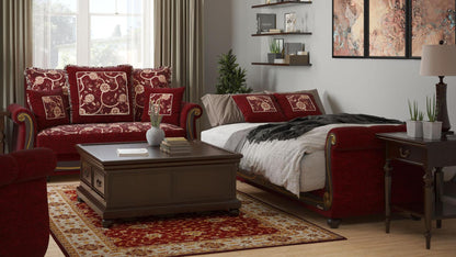 Lawson design, Burgundy , Chenille  upholstered convertible sleeper Loveseat with underseat storage from Victoria by Ottomanson in living room lifestyle setting converted to sleeper. This Loveseat measures 71 inches width by 40 inches depth by 40 inches height.