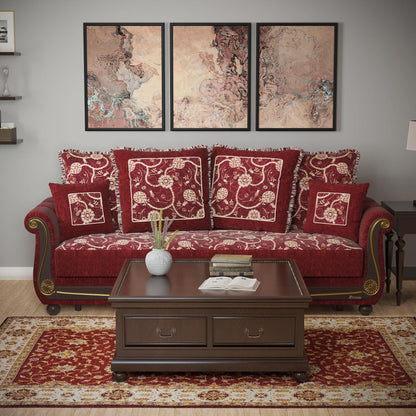 Lawson design, Burgundy , Chenille upholstered convertible sleeper Sofabed with underseat storage from Victoria by Ottomanson in living room lifestyle setting by itself. This Sofabed measures 95 inches width by 40 inches depth by 40 inches height.