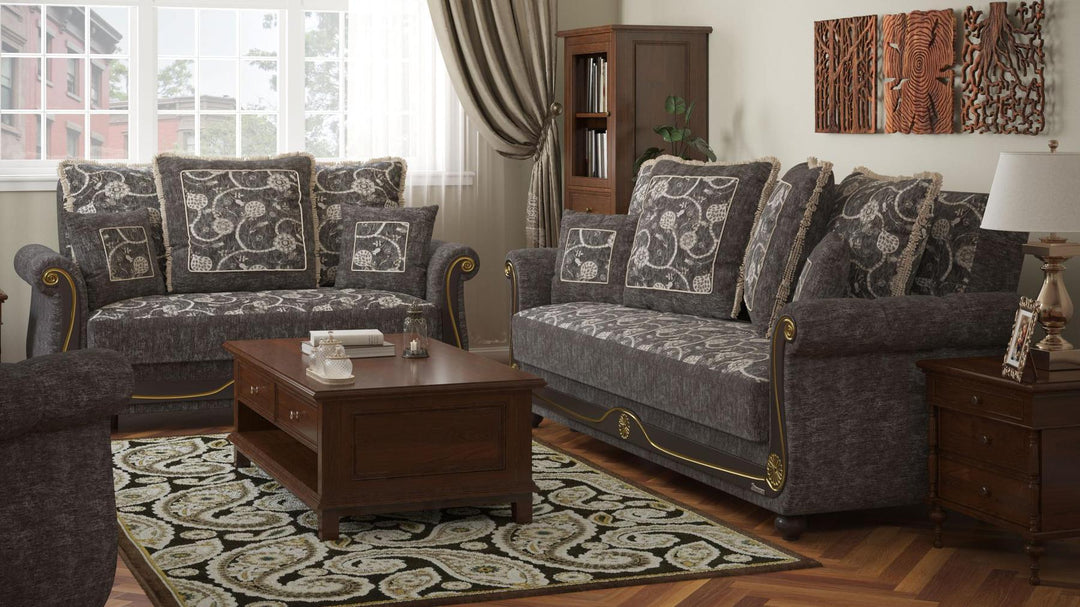 Lawson design, Silver , Chenille upholstered convertible sleeper Loveseat with underseat storage from Victoria by Ottomanson in living room lifestyle setting with another piece of furniture. This Loveseat measures 71 inches width by 40 inches depth by 40 inches height.