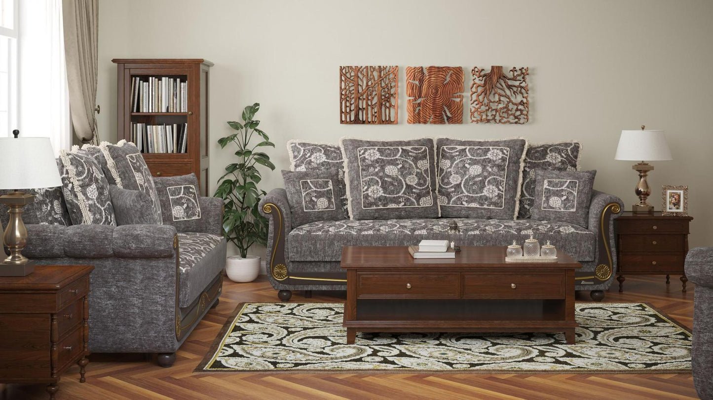 Lawson design, Silver , Chenille upholstered convertible sleeper Sofabed with underseat storage from Victoria by Ottomanson in living room lifestyle setting with another piece of furniture. This Sofabed measures 95 inches width by 40 inches depth by 40 inches height.