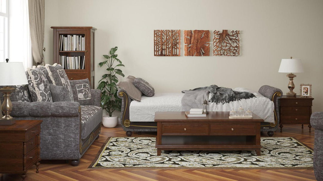 Lawson design, Silver , Chenille  upholstered convertible sleeper Sofabed with underseat storage from Victoria by Ottomanson in living room lifestyle setting converted to sleeper. This Sofabed measures 95 inches width by 40 inches depth by 40 inches height.