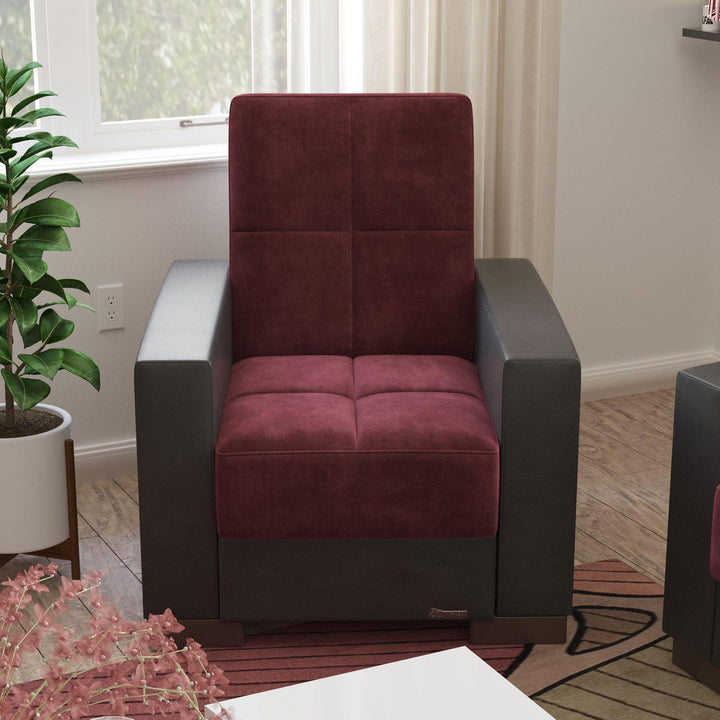 Modern design, Beaujolais, Black , Microfiber, Artificial Leather upholstered convertible Armchair with underseat storage from Voyage Track by Ottomanson in living room lifestyle setting by itself. This Armchair measures 38 inches width by 36 inches depth by 41 inches height.