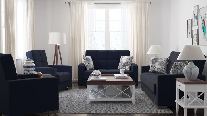 Modern design, Black Blue Denim , Chenille upholstered convertible Armchair with underseat storage from Voyage Track by Ottomanson in living room lifestyle setting with the matching furniture set. This Armchair measures 38 inches width by 36 inches depth by 41 inches height.