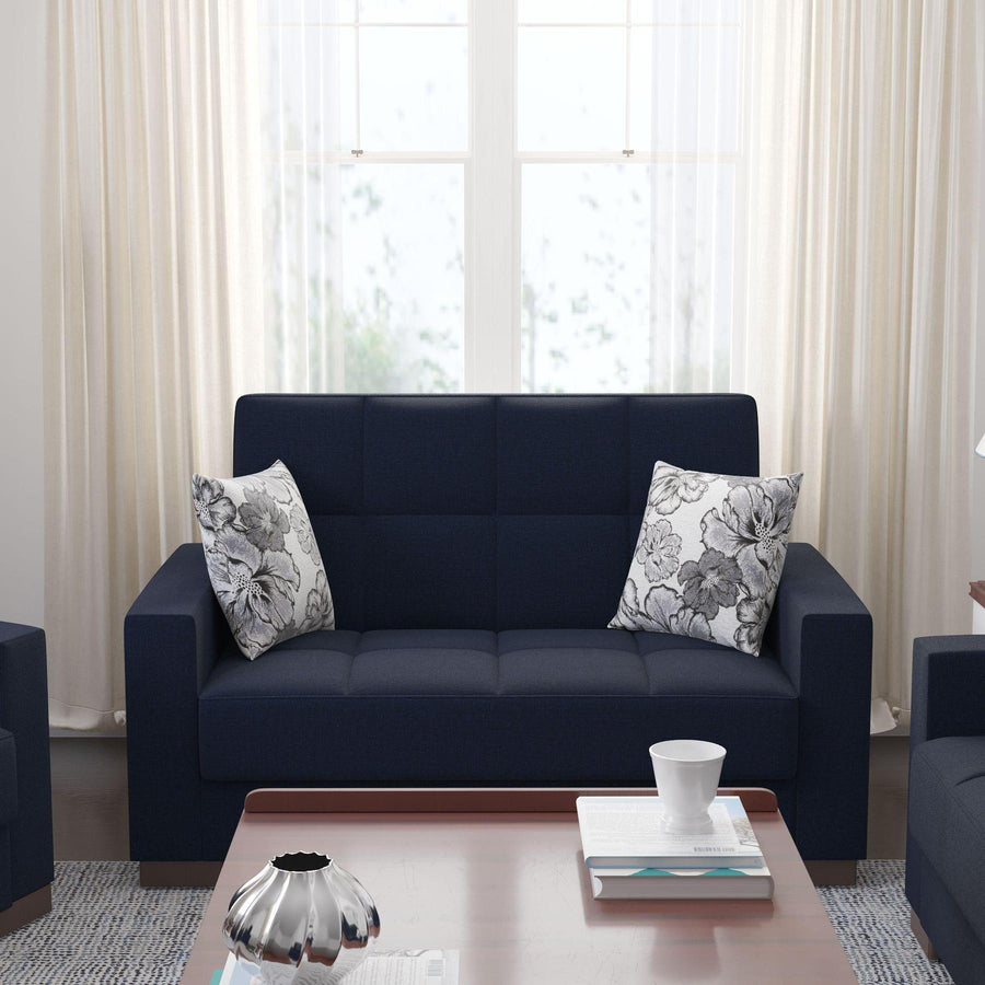 Modern design, Black Blue Denim , Chenille upholstered convertible sleeper Loveseat with underseat storage from Voyage Track by Ottomanson in living room lifestyle setting by itself. This Loveseat measures 67 inches width by 36 inches depth by 41 inches height.