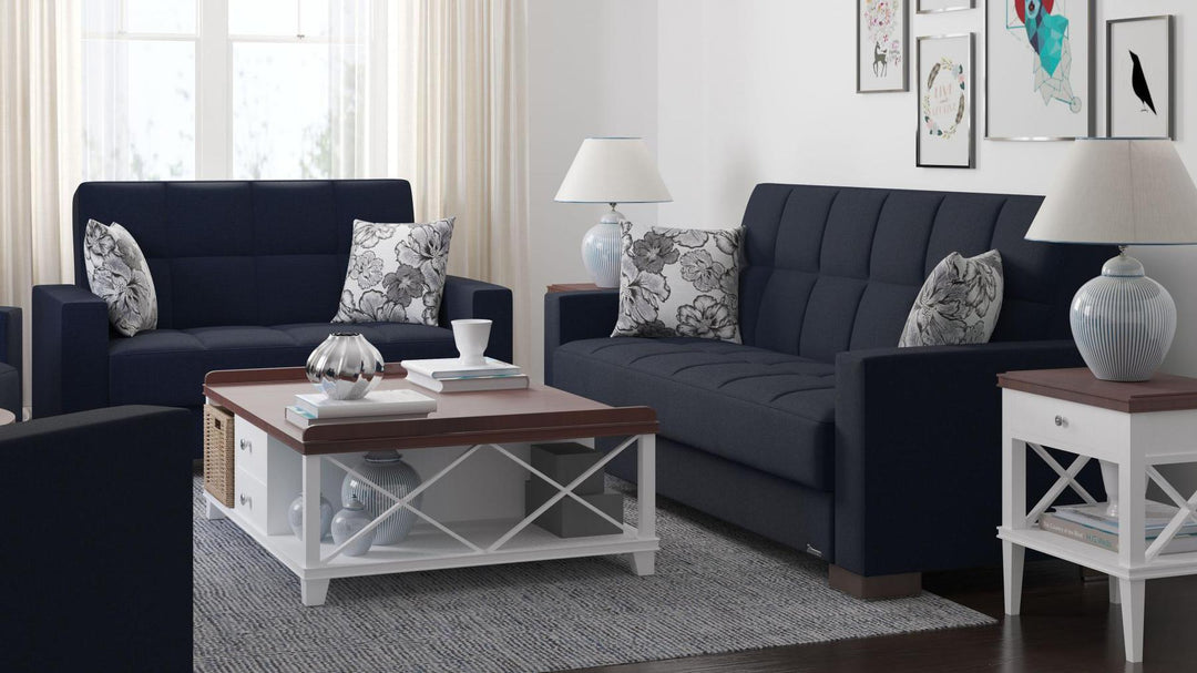 Modern design, Black Blue Denim , Chenille upholstered convertible sleeper Loveseat with underseat storage from Voyage Track by Ottomanson in living room lifestyle setting with another piece of furniture. This Loveseat measures 67 inches width by 36 inches depth by 41 inches height.