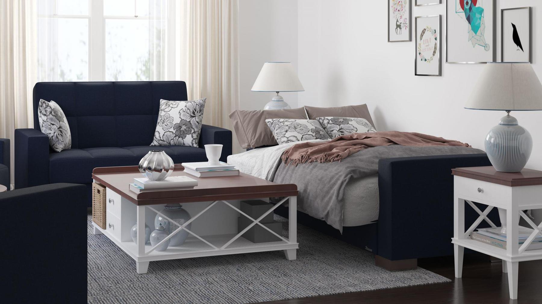 Modern design, Black Blue Denim , Chenille  upholstered convertible sleeper Loveseat with underseat storage from Voyage Track by Ottomanson in living room lifestyle setting converted to sleeper. This Loveseat measures 67 inches width by 36 inches depth by 41 inches height.
