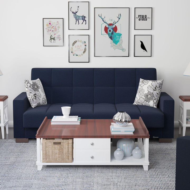 Modern design, Black Blue Denim , Chenille upholstered convertible sleeper Sofabed with underseat storage from Voyage Track by Ottomanson in living room lifestyle setting by itself. This Sofabed measures 90 inches width by 36 inches depth by 41 inches height.