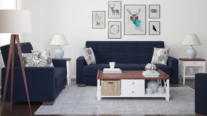 Modern design, Black Blue Denim , Chenille upholstered convertible sleeper Sofabed with underseat storage from Voyage Track by Ottomanson in living room lifestyle setting with another piece of furniture. This Sofabed measures 90 inches width by 36 inches depth by 41 inches height.