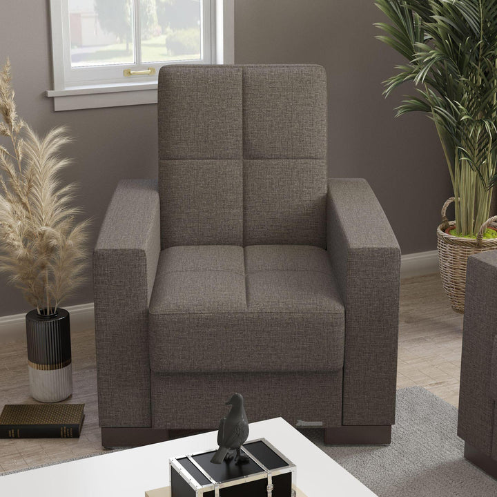 Modern design, Tannin Brown , Chenille upholstered convertible Armchair with underseat storage from Voyage Track by Ottomanson in living room lifestyle setting by itself. This Armchair measures 38 inches width by 36 inches depth by 41 inches height.