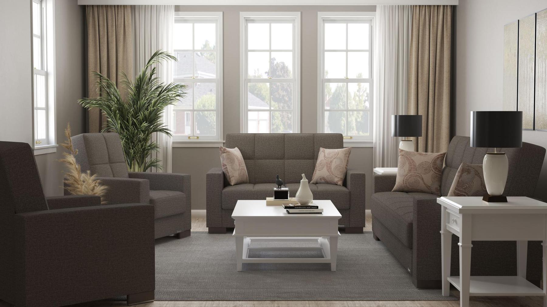 Modern design, Tannin Brown , Chenille upholstered convertible sleeper Sofabed with underseat storage from Voyage Track by Ottomanson in living room lifestyle setting with the matching furniture set. This Sofabed measures 90 inches width by 36 inches depth by 41 inches height.