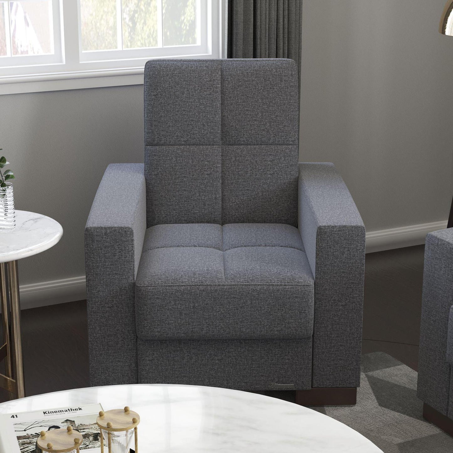 Modern design, Salt and Pepper Gray , Chenille upholstered convertible Armchair with underseat storage from Voyage Track by Ottomanson in living room lifestyle setting by itself. This Armchair measures 38 inches width by 36 inches depth by 41 inches height.