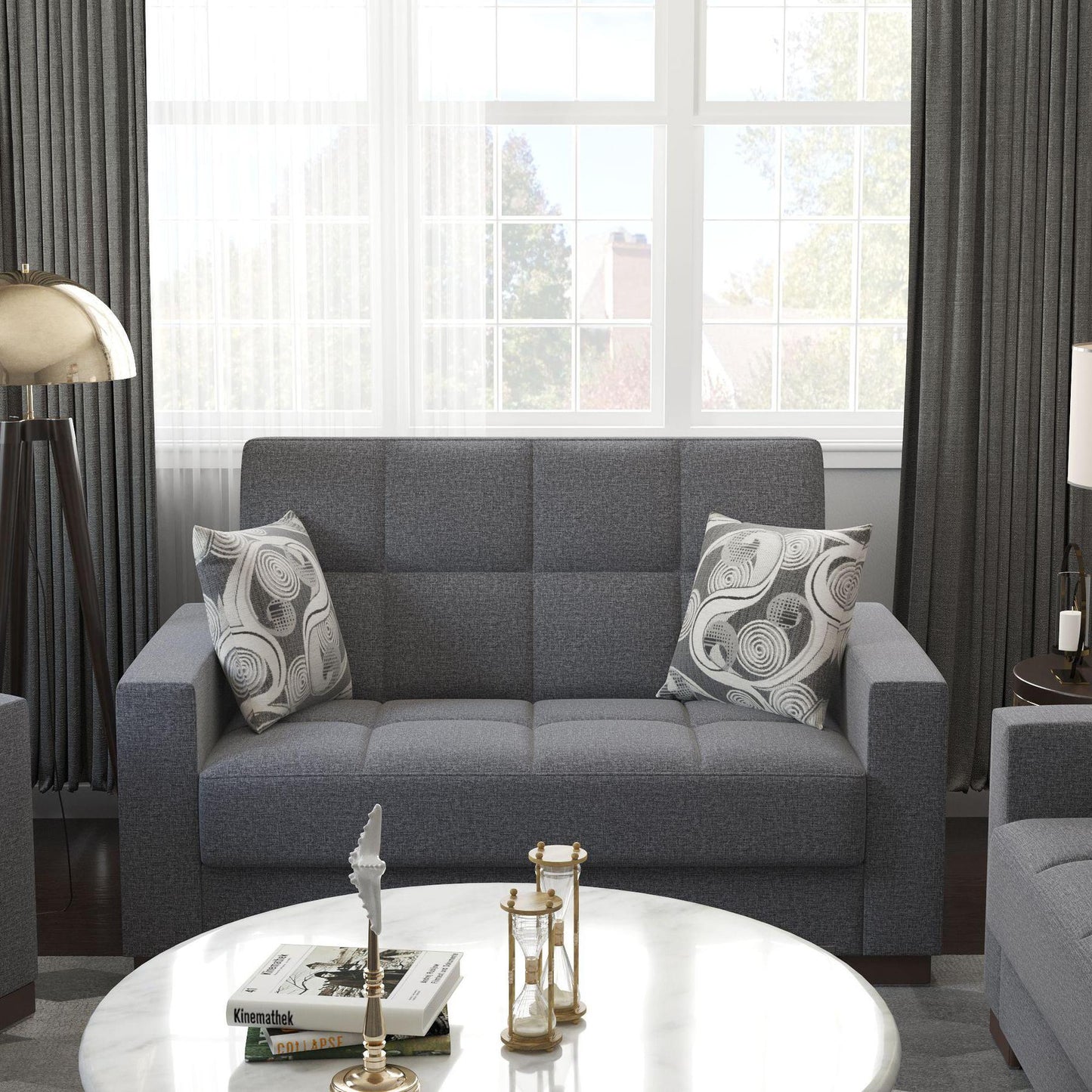 Modern design, Salt and Pepper Gray , Chenille upholstered convertible sleeper Loveseat with underseat storage from Voyage Track by Ottomanson in living room lifestyle setting by itself. This Loveseat measures 67 inches width by 36 inches depth by 41 inches height.