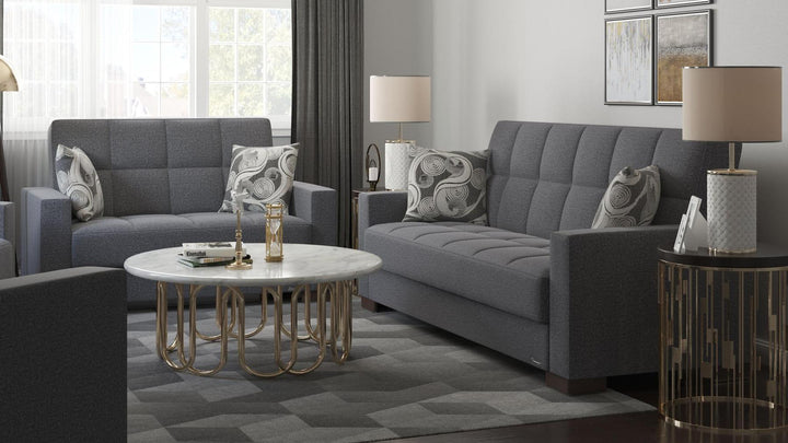 Modern design, Salt and Pepper Gray , Chenille upholstered convertible sleeper Loveseat with underseat storage from Voyage Track by Ottomanson in living room lifestyle setting with another piece of furniture. This Loveseat measures 67 inches width by 36 inches depth by 41 inches height.