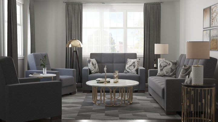 Modern design, Salt and Pepper Gray , Chenille upholstered convertible sleeper Loveseat with underseat storage from Voyage Track by Ottomanson in living room lifestyle setting with the matching furniture set. This Loveseat measures 67 inches width by 36 inches depth by 41 inches height.