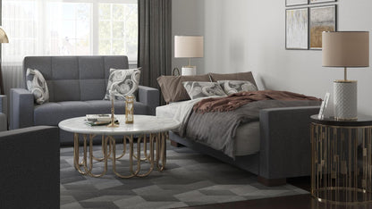 Modern design, Salt and Pepper Gray , Chenille  upholstered convertible sleeper Loveseat with underseat storage from Voyage Track by Ottomanson in living room lifestyle setting converted to sleeper. This Loveseat measures 67 inches width by 36 inches depth by 41 inches height.