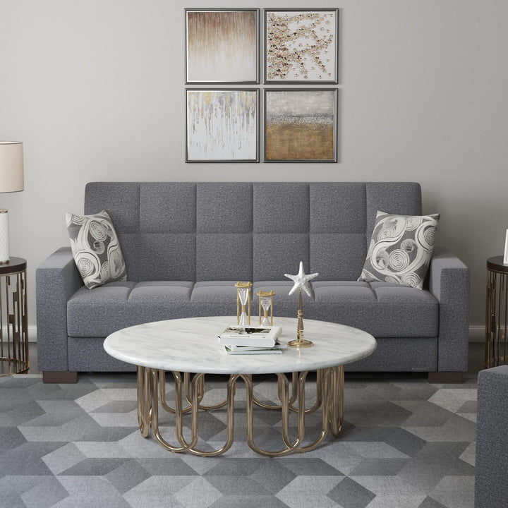 Modern design, Salt and Pepper Gray , Chenille upholstered convertible sleeper Sofabed with underseat storage from Voyage Track by Ottomanson in living room lifestyle setting by itself. This Sofabed measures 90 inches width by 36 inches depth by 41 inches height.
