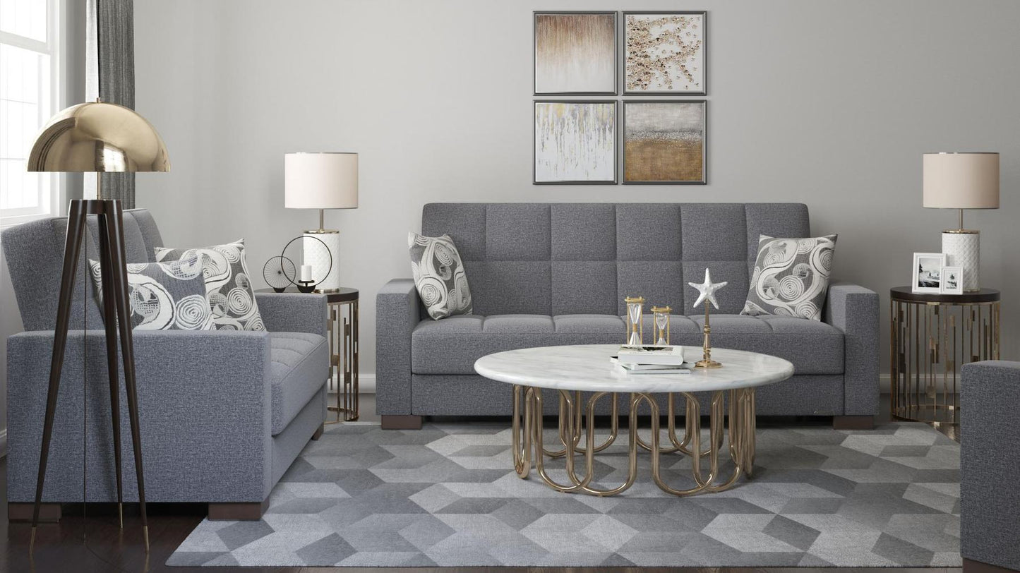 Modern design, Salt and Pepper Gray , Chenille upholstered convertible sleeper Sofabed with underseat storage from Voyage Track by Ottomanson in living room lifestyle setting with another piece of furniture. This Sofabed measures 90 inches width by 36 inches depth by 41 inches height.
