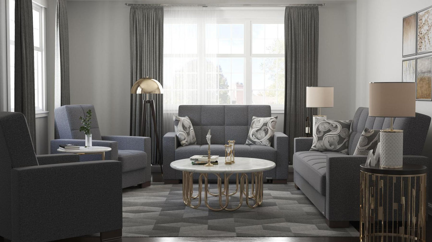 Modern design, Salt and Pepper Gray , Chenille upholstered convertible sleeper Sofabed with underseat storage from Voyage Track by Ottomanson in living room lifestyle setting with the matching furniture set. This Sofabed measures 90 inches width by 36 inches depth by 41 inches height.