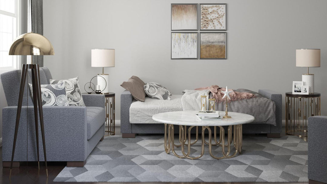 Modern design, Salt and Pepper Gray , Chenille  upholstered convertible sleeper Sofabed with underseat storage from Voyage Track by Ottomanson in living room lifestyle setting converted to sleeper. This Sofabed measures 90 inches width by 36 inches depth by 41 inches height.
