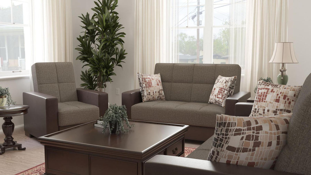 Modern design, Tannin Brown, Dark Brown , Chenille, Artificial Leather upholstered convertible Armchair with underseat storage from Voyage Track by Ottomanson in living room lifestyle setting with another piece of furniture. This Armchair measures 38 inches width by 36 inches depth by 41 inches height.